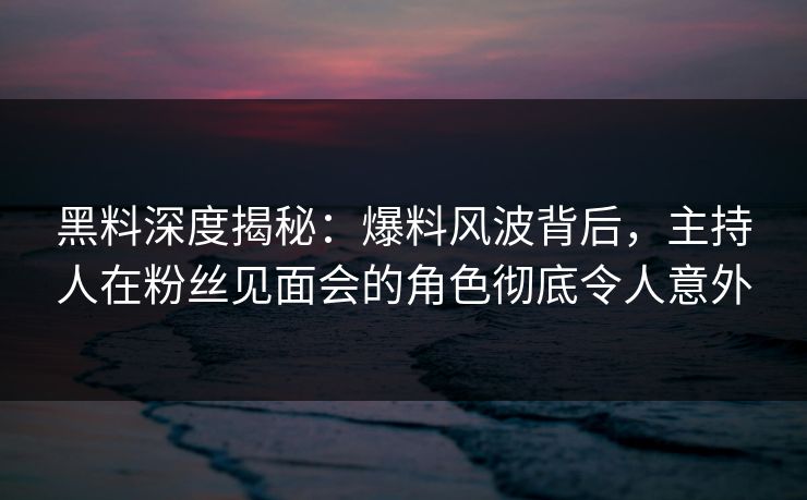 黑料深度揭秘：爆料风波背后，主持人在粉丝见面会的角色彻底令人意外